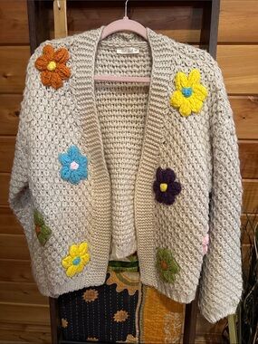 Illa illa oatmeal Crocheted/knit floral Daisy Cardigan Sweater